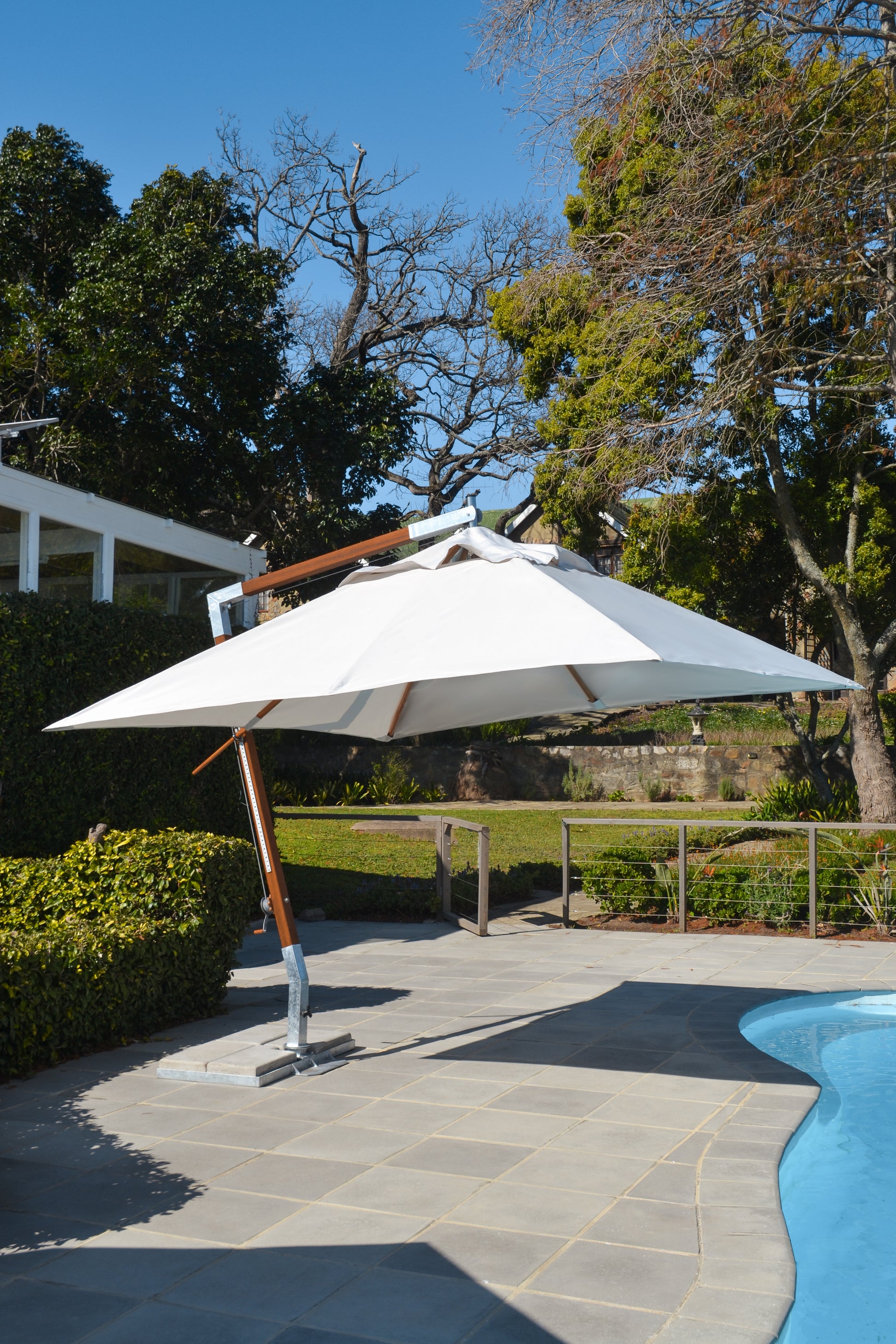large patio umbrellas south africa 3.2m Karri Wood Cantilever Umbrella – thatchandshade