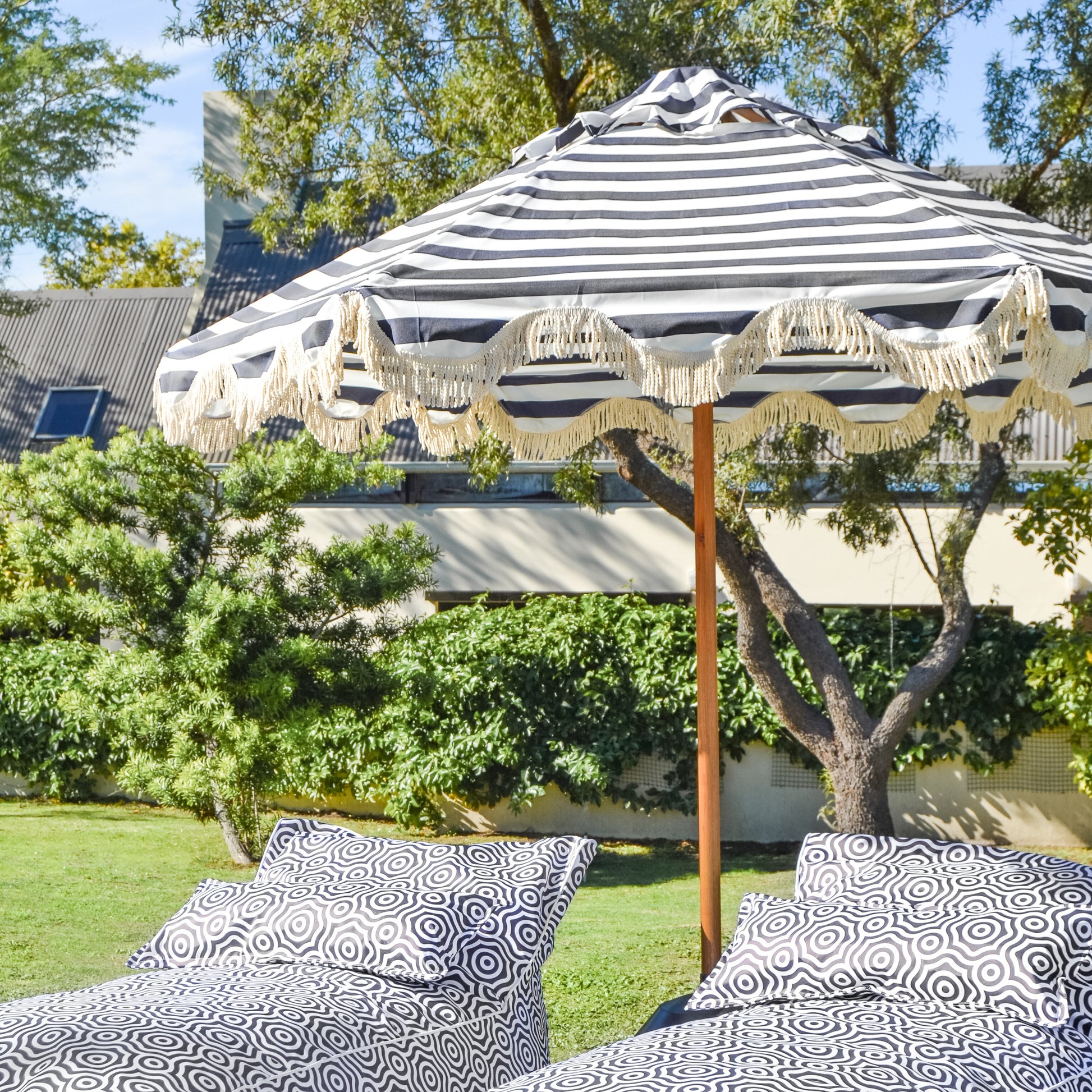 fringed patio umbrellas Striped Fringed Patio Umbrella – thatchandshade